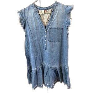 Anthropologie Pilcro M Blue Chambray Flounced Tunic Dress Women Buttons Cotton